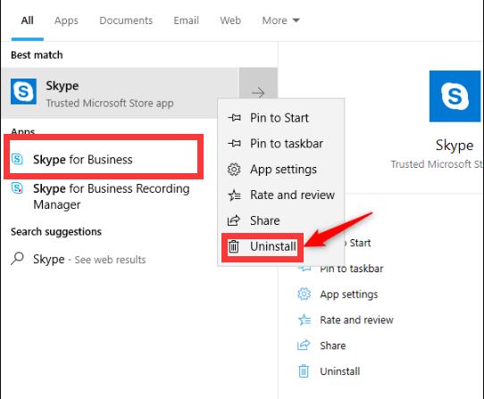 delete skype for business windows 10