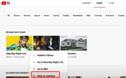 Отметить эпизоды YouTube TV как просмотренные