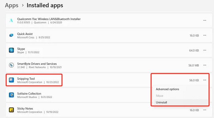 Uninstall App to Fix Snipping Tool Not Working