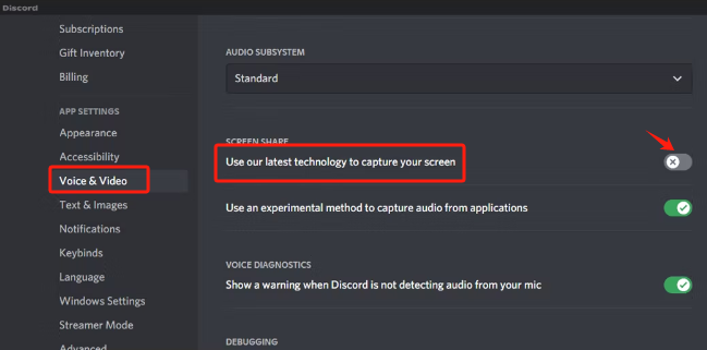 قم بإيقاف تشغيل الإعداد لإصلاح شاشة Discord Stream السوداء