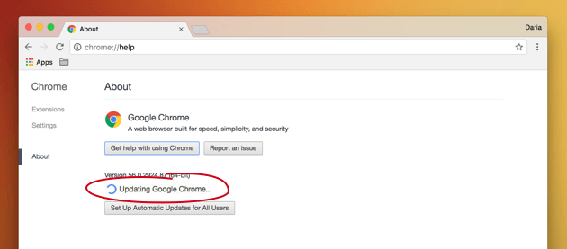 Update Google Chrome to Fix Invalid Certificate Error On Mac